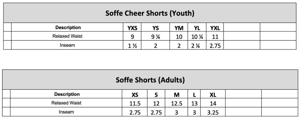 Soffe Short Size Chart