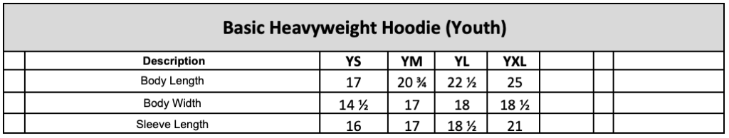 Gildan Youth Hoodie Size Chart
