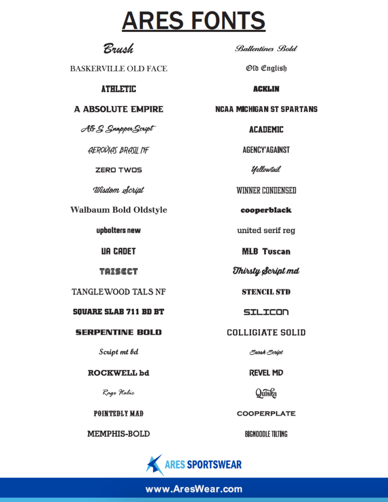 Ares Fonts List