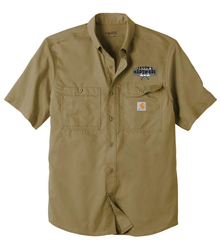 Brown button up work shirt short sleeve with two front chest pockets