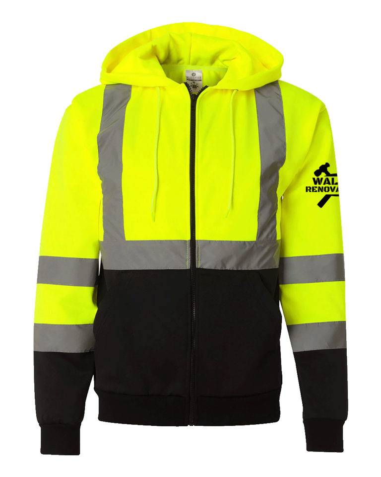Kishigo High Visability Hoodies yellow hooded jacket with black bottom half all lined with reflective strips