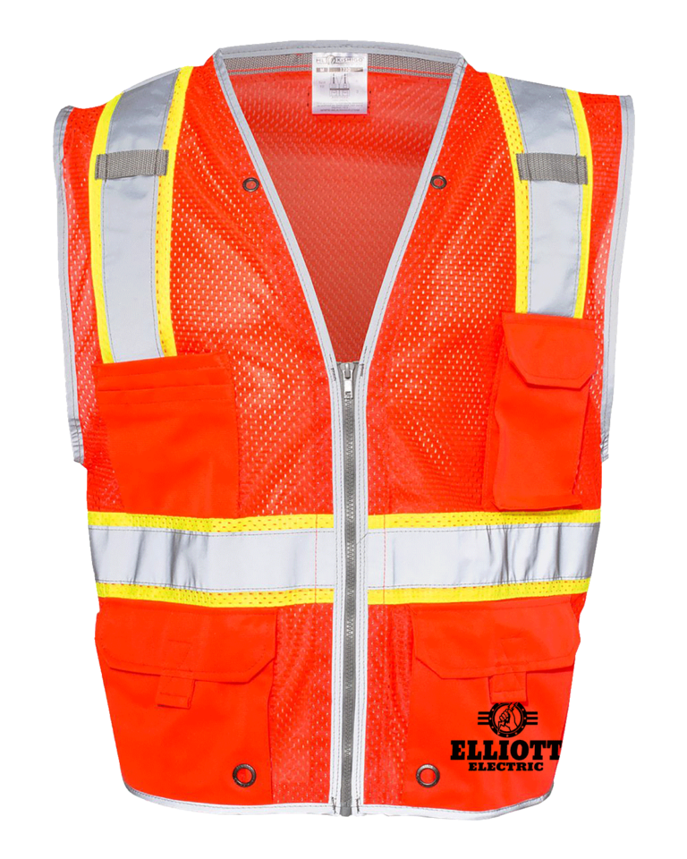 Orange zip up vest with reflective strips lined in yellow