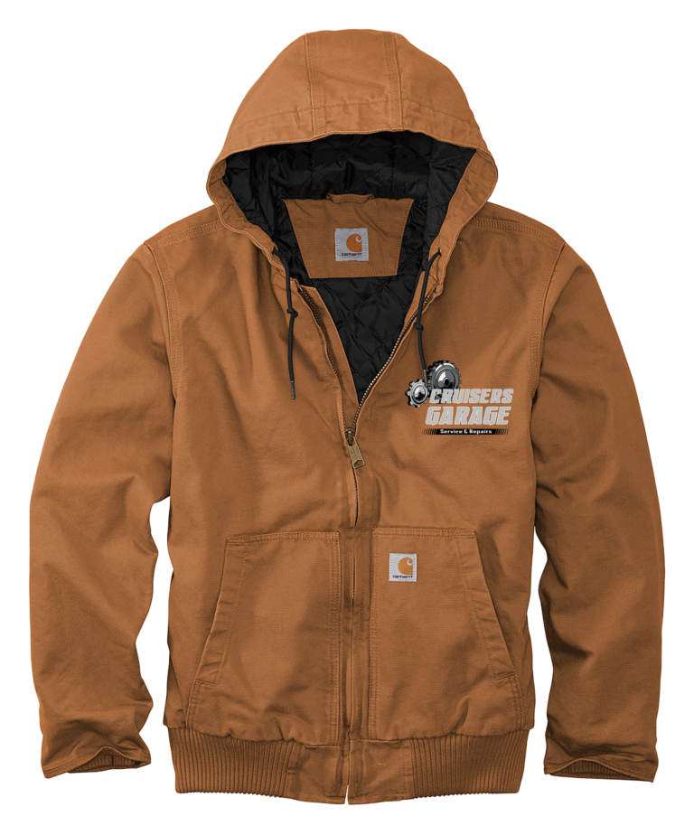 Brown zip up jacket with two front pockets and black inside lining