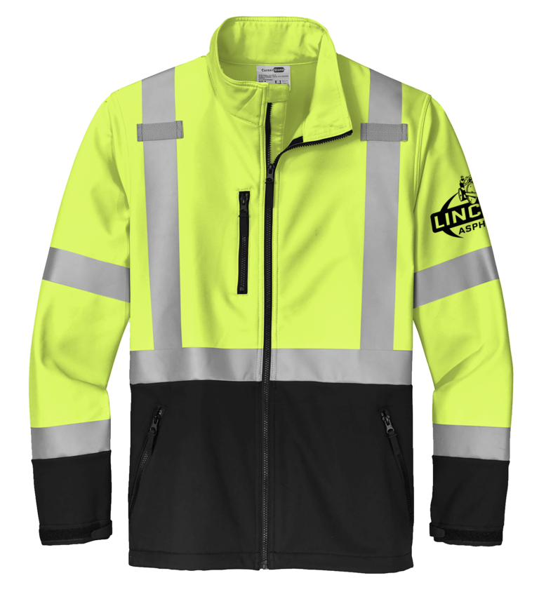 Zip up jacket from Cornerstone with top half yellow and bottom half black with reflective strips
