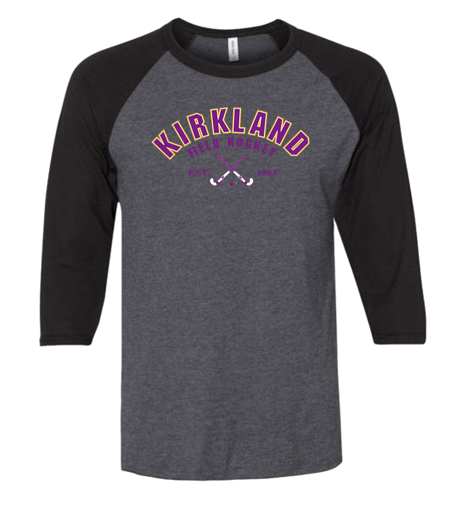 Black and dark gray Premium Blend Ringspun 3-Quarter Sleeve Raglan Baseball T-Shirt with field hockey logo