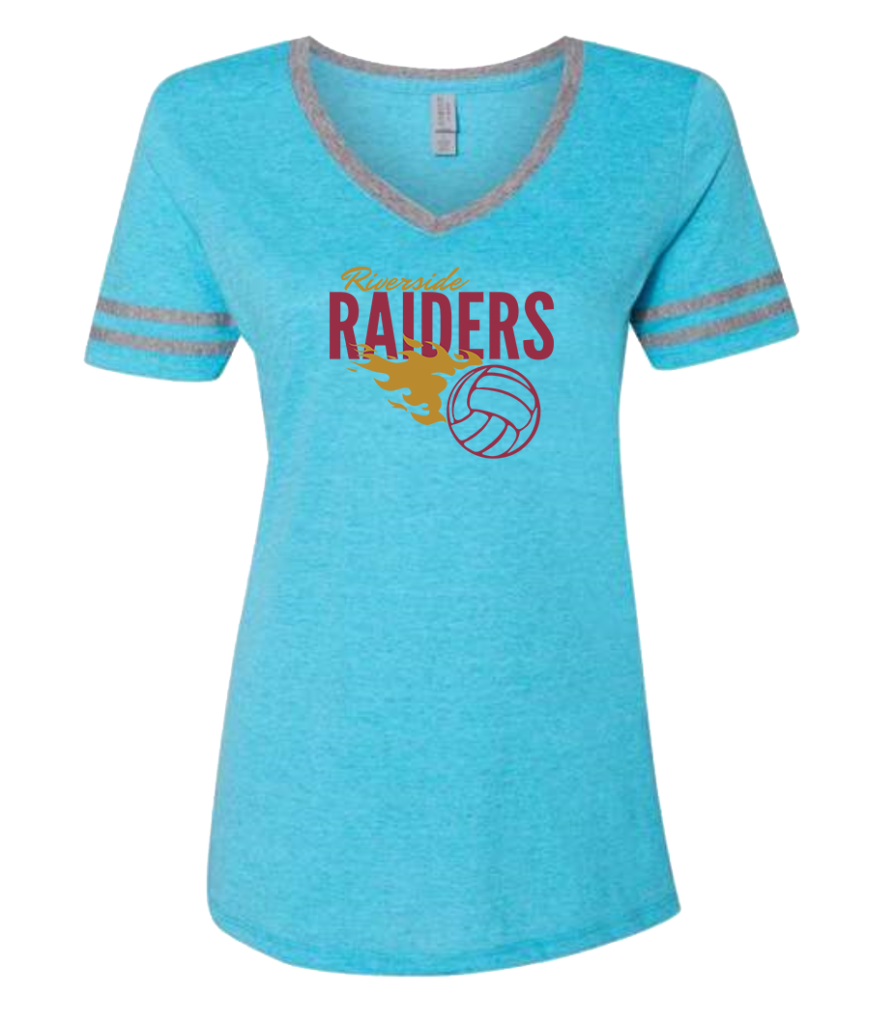 Women's varisty triblend v-neck teal t-shirt with volleyball raiders logo